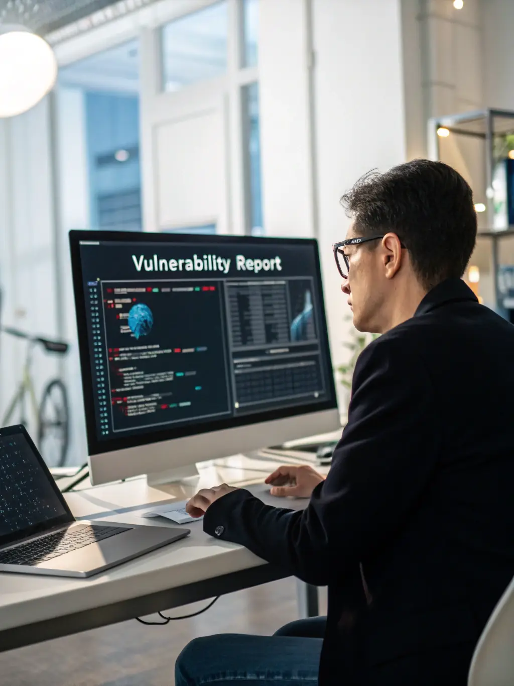 A cybersecurity expert analyzing network diagrams and vulnerability reports, representing ADAPT Cyber Security's Risk Assessment service.