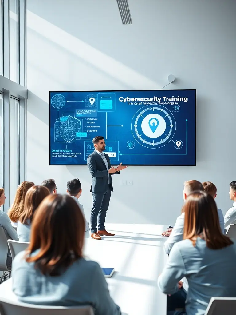 A group of employees participating in a cybersecurity training session with a trainer presenting on a digital screen, showcasing ADAPT Cyber Security's Security Awareness Training.