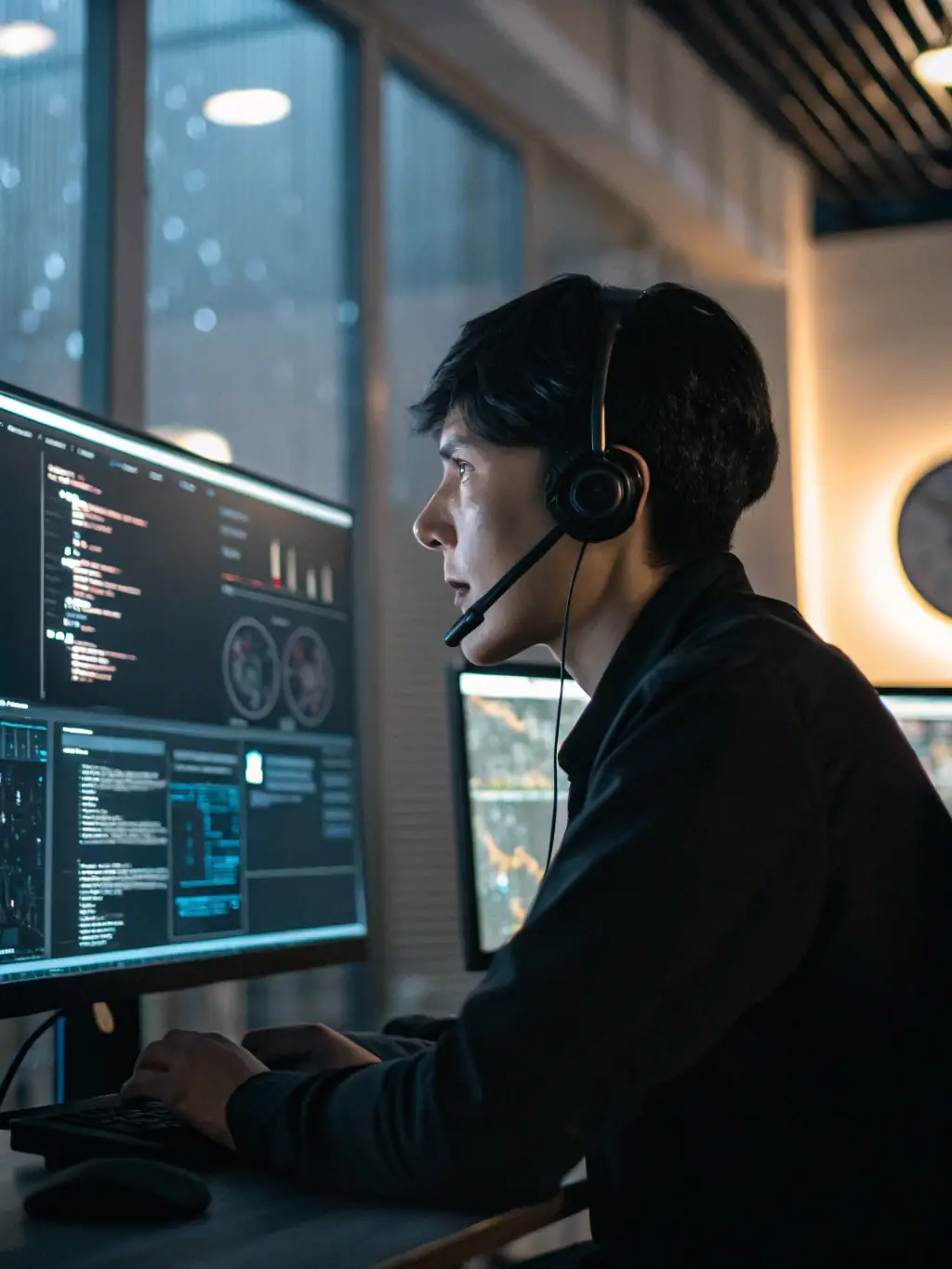 A cybersecurity analyst monitoring a dashboard with real-time threat alerts on multiple devices, representing ADAPT Cyber Security's Endpoint Detection and Response service.
